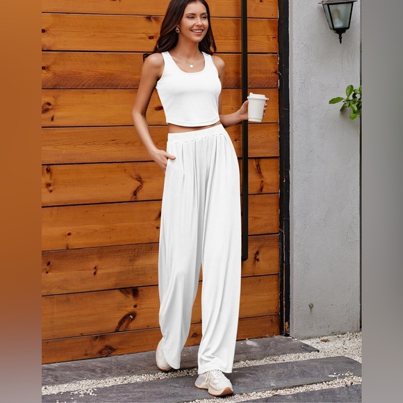 Ekouaer Pants - 2 Piece Lounge Set Ribbed Knit Loungewear Sleeveless Tank Top Wide Leg Pants Pjs